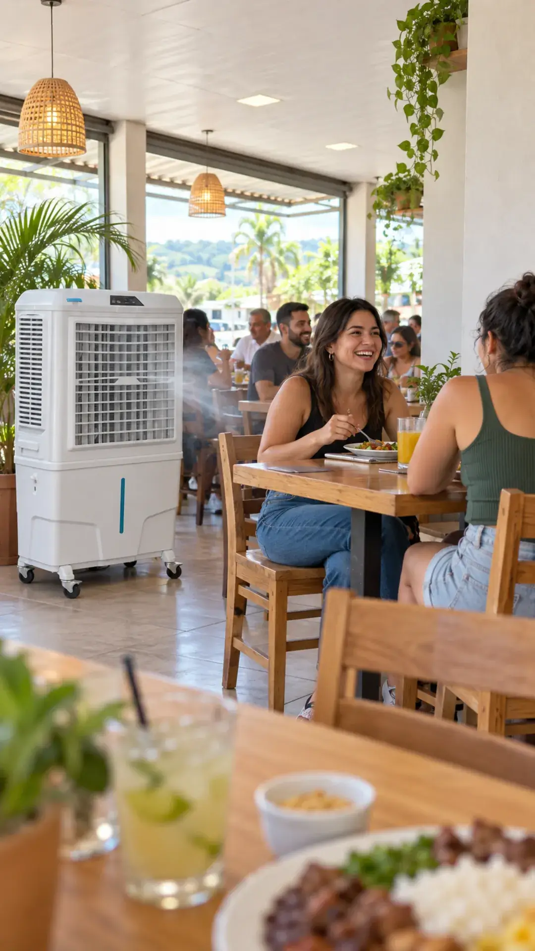 Clientes sorrindo às mesas de uma lanchonete clara e movimentada, refrescados pela névoa de um climatizador branco com rodízios.