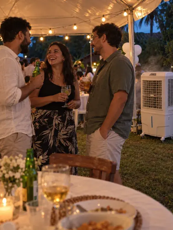 Amigos rindo e conversando com bebidas em uma festa à noite sob tenda com varal de luzes, com um climatizador branco ligado na lateral