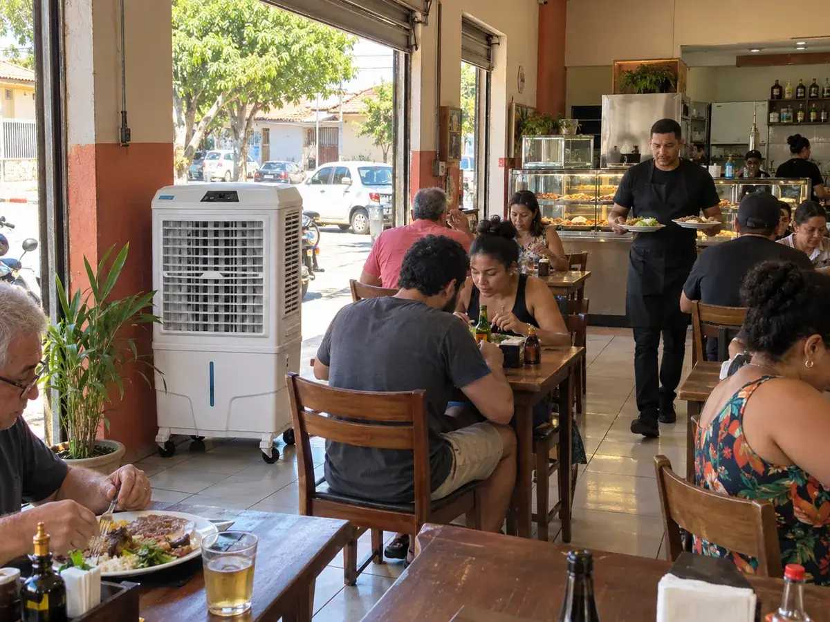 Clientes almoçando em um restaurante com a porta de enrolar aberta para a rua, garçom de preto servindo pratos e um climatizador branco ligado junto à entrada