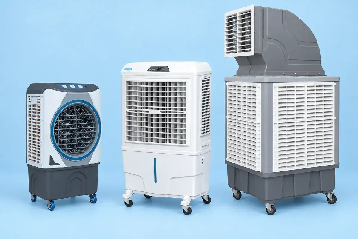Três climatizadores evaporativos de portes diferentes, lado a lado: um compacto com grade redonda de aro azul, um médio branco e um grande industrial com duto de ar no topo.
