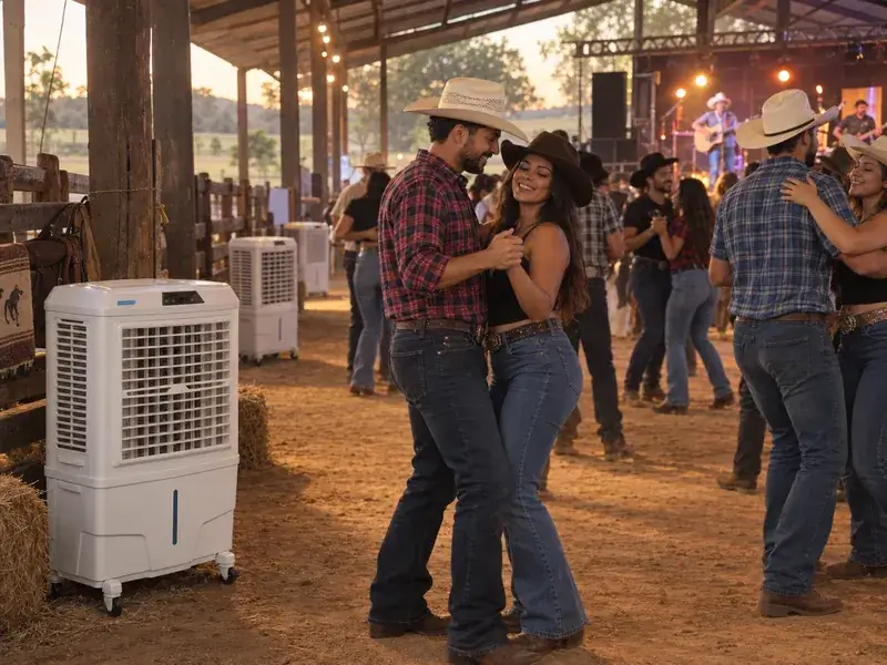 Casais de chapéu de cowboy e camisa xadrez dançando em um barracão de chão de terra ao entardecer, com banda sertaneja no palco ao fundo e dois climatizadores brancos ligados junto à cerca de madeira e aos fardos de feno