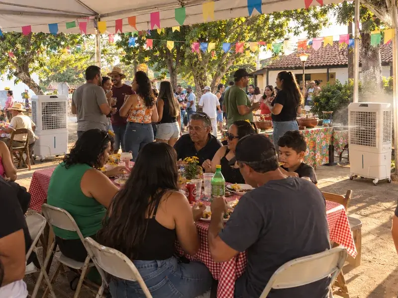 Festa comunitária ao ar livre com bandeirinhas coloridas, famílias comendo em mesas com toalha xadrez e dois climatizadores brancos ligados nas laterais da tenda